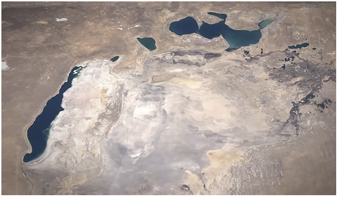 A photo of the Aral Sea after the Soviet cotton growing project.