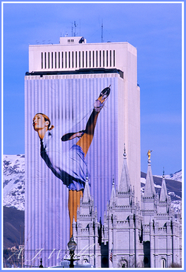 Stunning banner of an Olympic Skater covers Salt Lake City's tallest building.