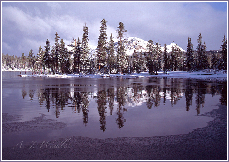 Just as the snowstorm breaks we get sunlight across the lake with tall timbers reflecting in the water.